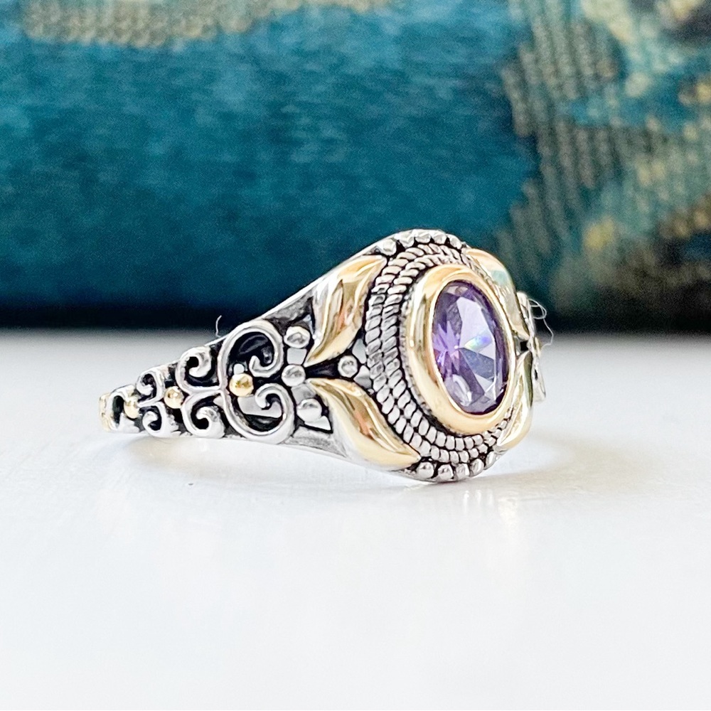 925 Gold Plated Details Oval Cut Amethyst CZ Ring Sz 7